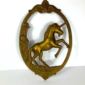 Vintage 1980's Brass Unicorn Wall ART Hanging Decor Frame MCM Fairytale Floral